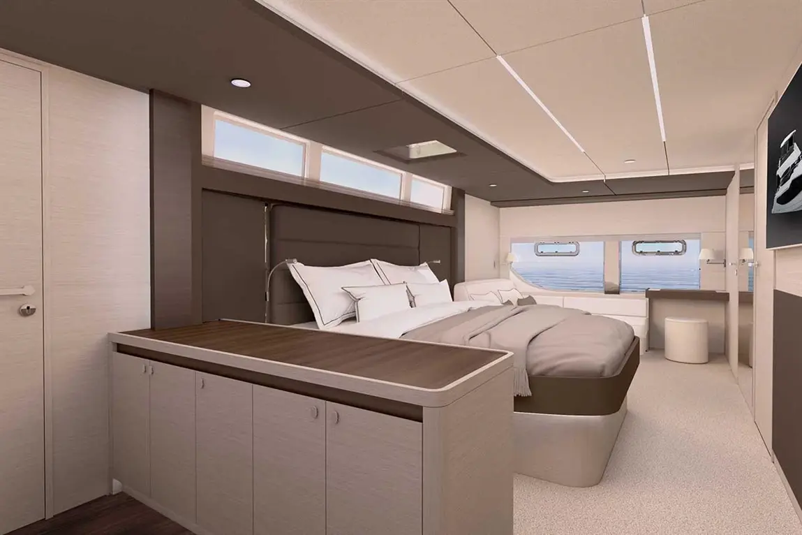 Cozy yacht bedroom featuring a large bed, elegant decor, panoramic windows, and modern furnishings with a serene ocean view.